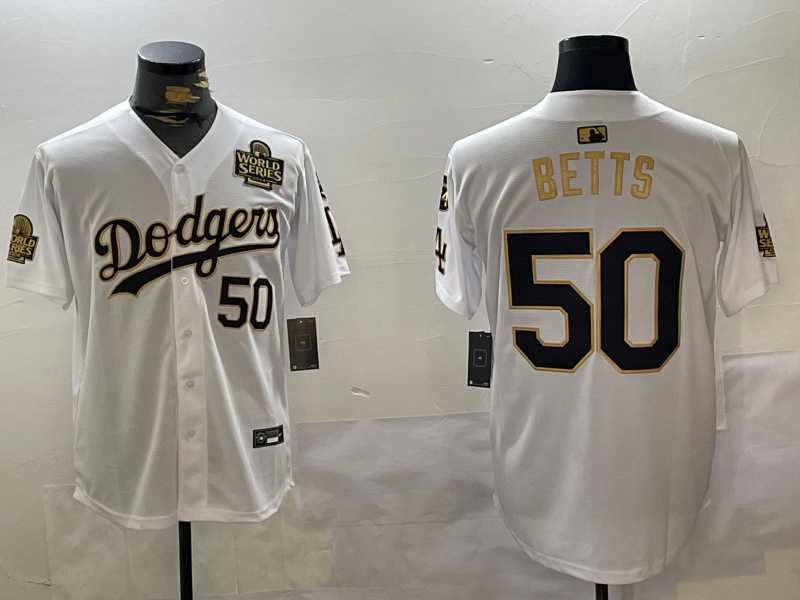 Men%27s Los Angeles Dodgers #50 Mookie Betts White Gold 2024 World Series With Fernando Memorial Patch Limited Stitched Jerseys->new york yankees->MLB Jersey